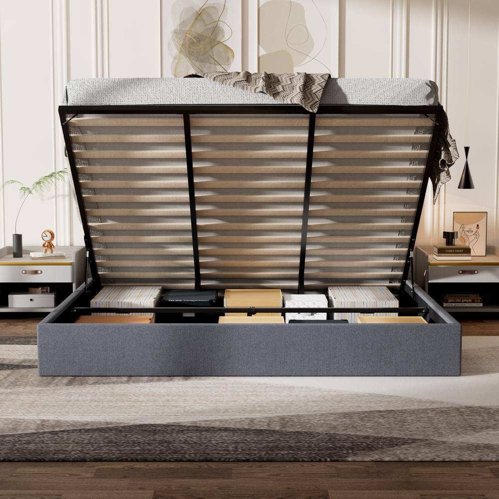 King Dark Grey Linen Upholstered Platform Bed with Tufted Headboard