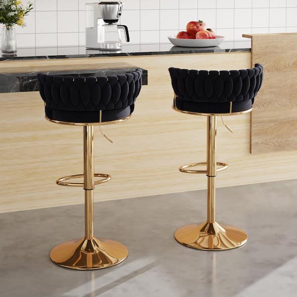 Adjustable Barstools Set, Counter Height Stools with Back and Arm, Velvet Woven Kitchen Island Stools, Black Set of 2