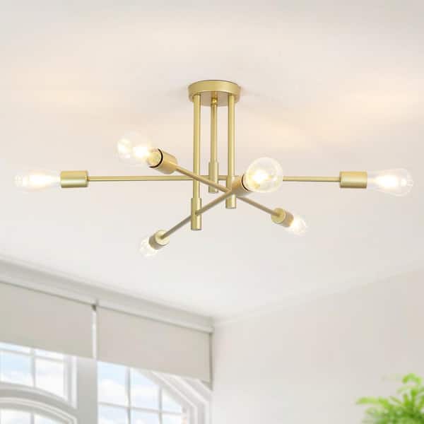 LWYTJO 27.56 in. 6-Light Spray Gold Dimmable Sputnik Chandelier Modern Linear Semi Flush Mount Ceiling Light for Living Room