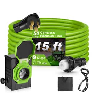 15 ft. 8/4 50 Amp Generator Extension Cord 4 Prong 125-Volt Indoor/Outdoor Extension Cord L14-50 with Lighted End, Green