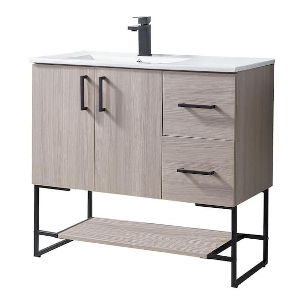 VC CUCINE 36 in. W x 18 in. D x 34 in. H Single Ceramic Sink Top Freestanding Bathroom Vanities in Gray Wood Grain with White