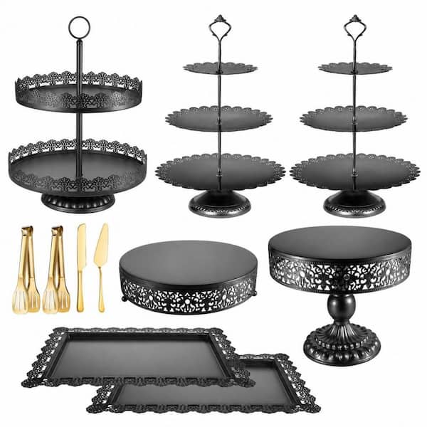 2 and 3-Tier Gold Metal Cake Stand with Lace Pattern, Food-Safe Painted Finish, 11pcs Dessert Plate Table Display Set
