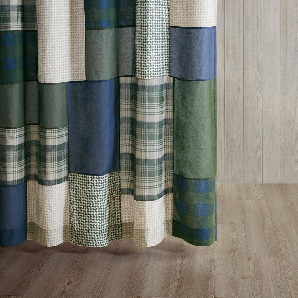 Mill Creek Green and Navy Cotton Patchwork Shower Curtain