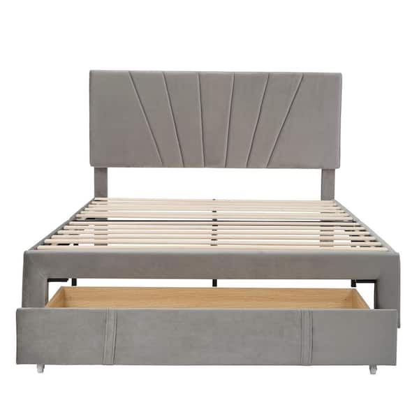 Donason Gray Queen Size Velvet Upholstered Platform Bed with a Big-Drawer