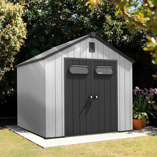 8 ft. x 8 ft. Resin Outdoor Garden Storage Shed with Floor (64 sq. ft. ), Windows, Drainage and Air Vent in Light Gray