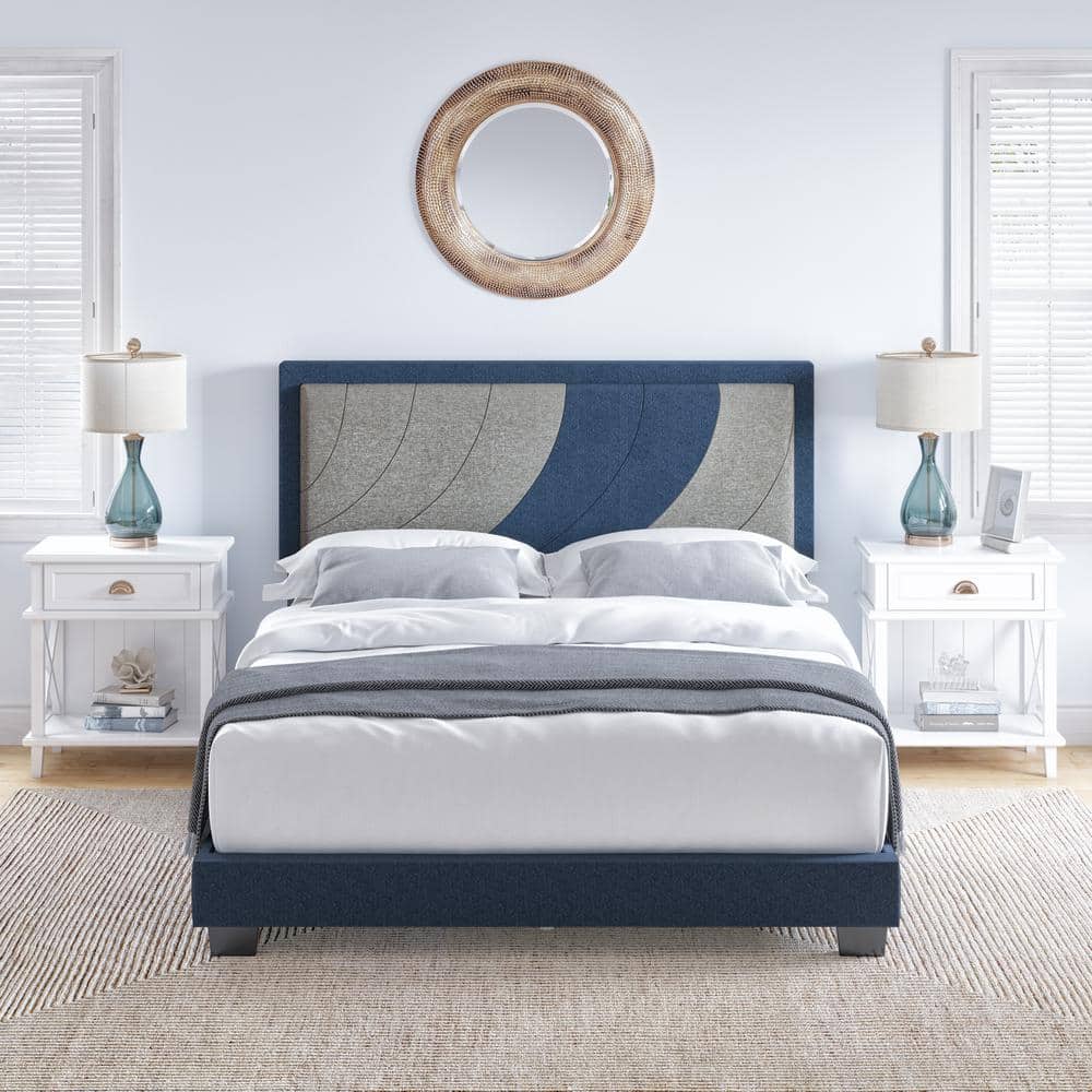 Full Blue and Gray Linen Upholstered Platform Bed with Headboard