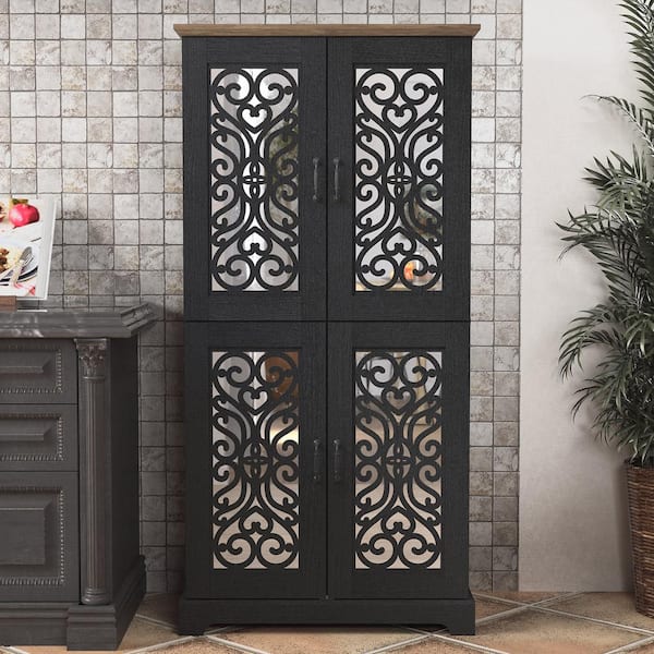 GALANO Angelyca Black Oak with Knotty Oak Engineer Wood 31.4 in. 4-Door Pantry Kitchen Cabinet with Adjustable Shelves