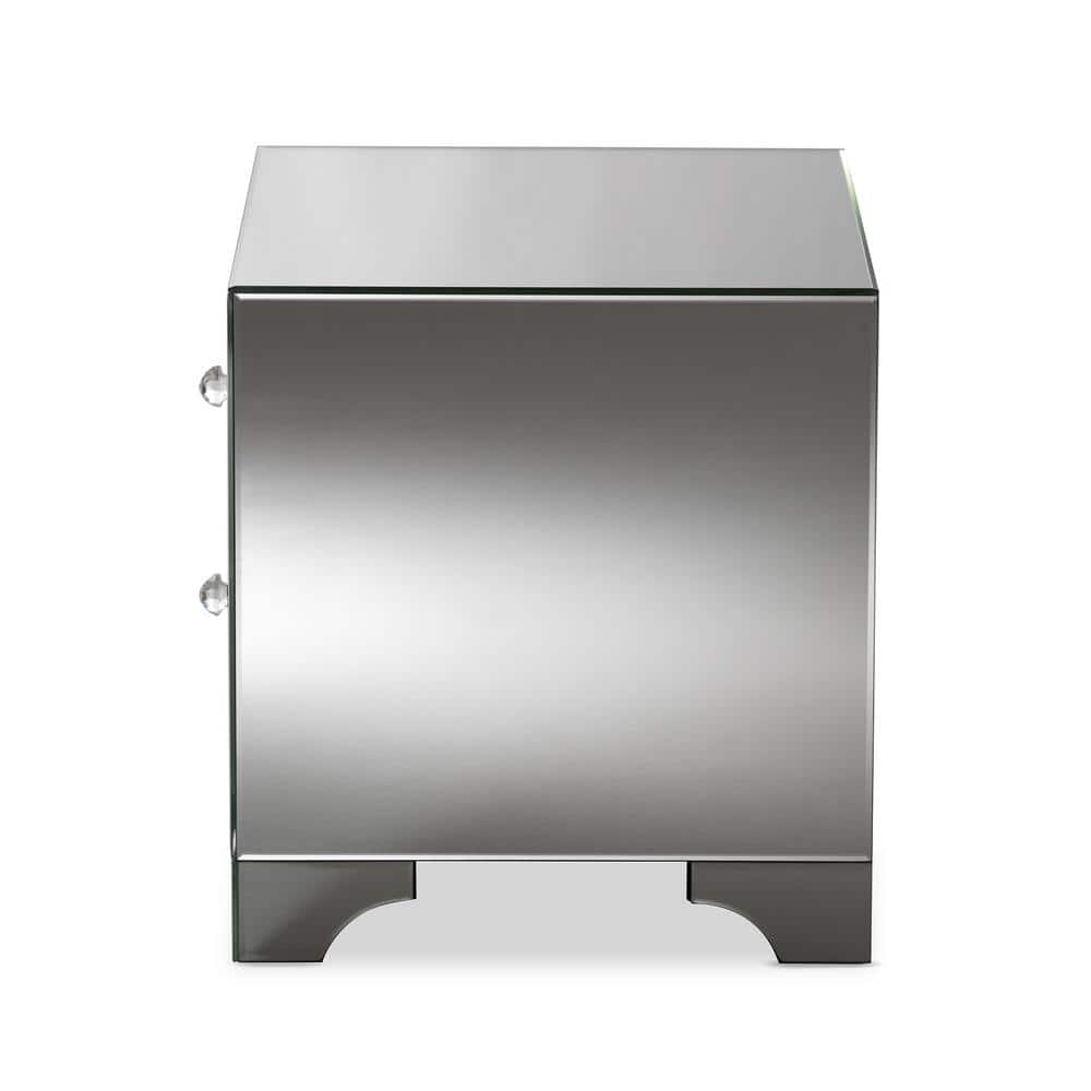 Elegant Silver Mirrored 2-Drawer Nightstand with Crystal Handles