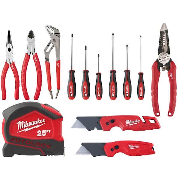 Milwaukee Pliers Kit with Screwdriver Set, 25 ft. Auto Lock Tape Measure, and FASTBACK Utility Knives Hand Tool Set (13-Piece)