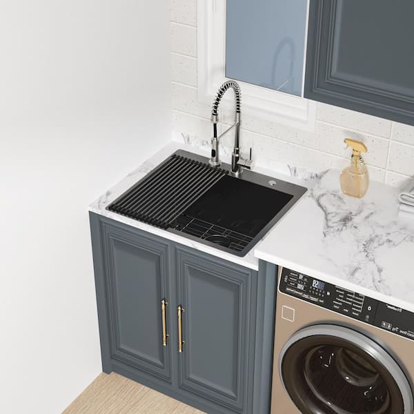 25 in. Drop-in Single Bowl 16-Gauge Gunmetal Black Stainless Steel Laundry/Utility Sink with Drain