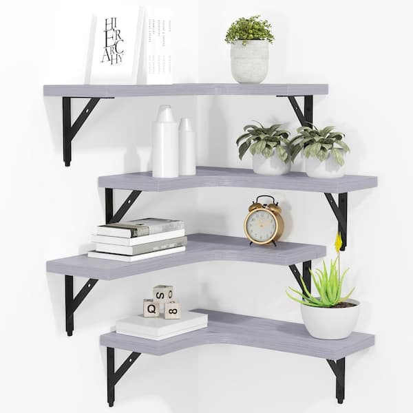 Teamson Kids 16 in. W x 11.4 in. D Grey Decorative Wall Shelf, Corner Floating Shelves, Set of 4