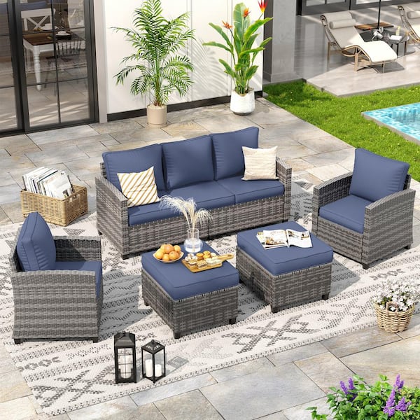Poteban Gray Wicker 5-Person Patio Conversation Set With Navy Blue Cushions(1-3-Seat Sofa, 2 Single Sofa, 2 Ottomans)