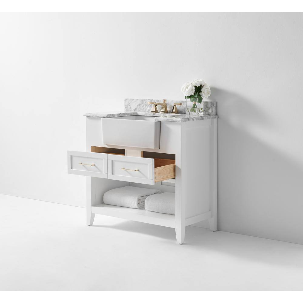 Hayley 36" White Wood Bathroom Vanity with Carrara Marble Top