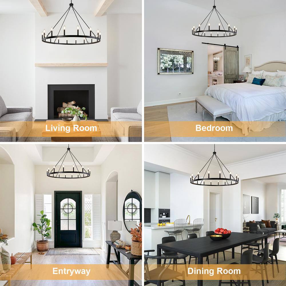 Large Black Metal Wagon Wheel Candle Chandelier