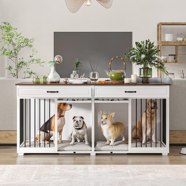 FUFU&GAGA 86.6 Large Dog Crate Furniture, XXL Dog Kennel for 2 Medium  Large Dogs Indoor with Storage Shelves and Divider, White  Y-THD-150179-0102-ccc - The Home Depot