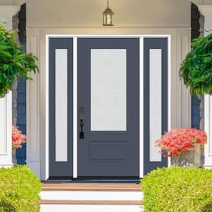 Legacy 64 in. x 80 in. 3/4-Lite Rain Glass RHIS Primed Dark Denim Finish Fiberglass Prehung Front Door with dB 12 in. SL