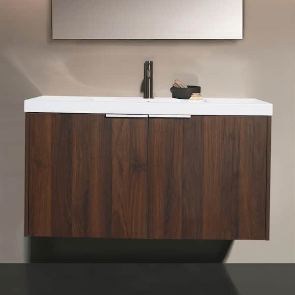 UPIKER 35.4 in. W x 18.1 in. D x 19.3 in. H Floating Single Sink Bath Vanity in California Walnut with White Resin Vanity Top
