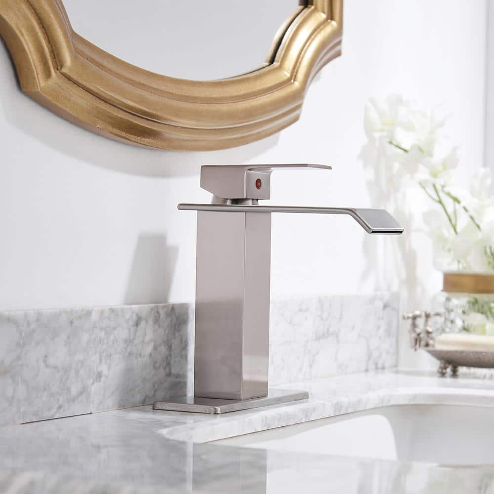 Brushed Nickel Single Handle Waterfall Bathroom Faucet with Pop Up Drain