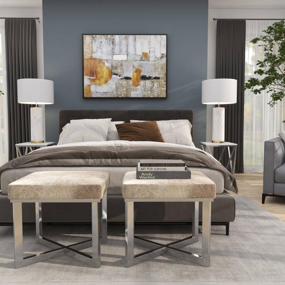 Silver Hair on Hide Upholstered Stool with Steel X-Base
