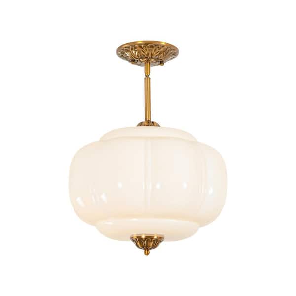 Amirah 15 in. 1-Light French Country Brass Drum Semi Flush Mount Light with White Pumpkin Glass Shade