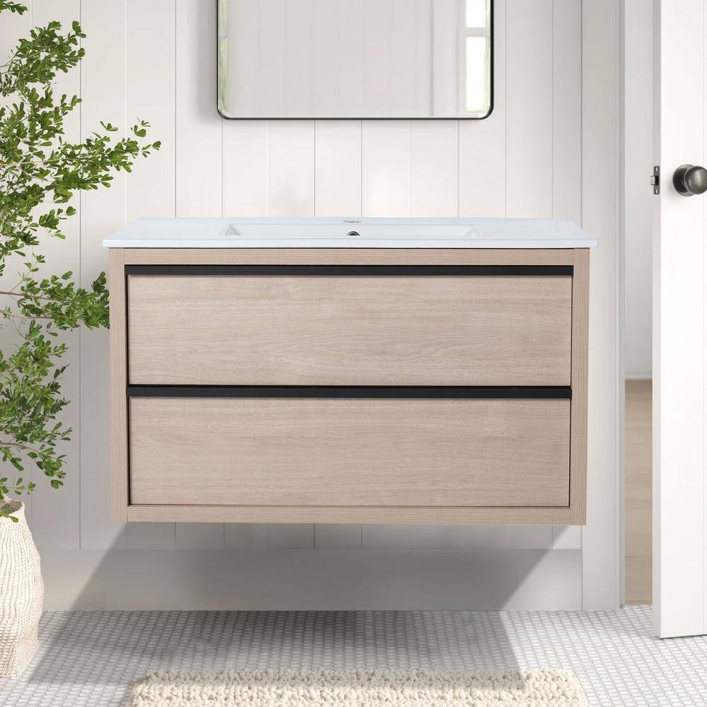 FUNKOL 36 in. W x 18 in. D x 21 in. H Wall-mounted Bath Vanity in Brown ...