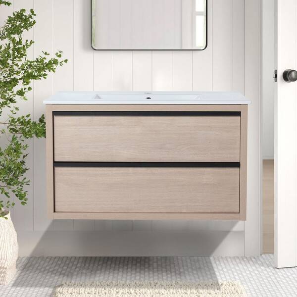 FUNKOL 36 in. W x 18 in. D x 21 in. H Wall-mounted Bath Vanity in Brown with White Ceramic Top