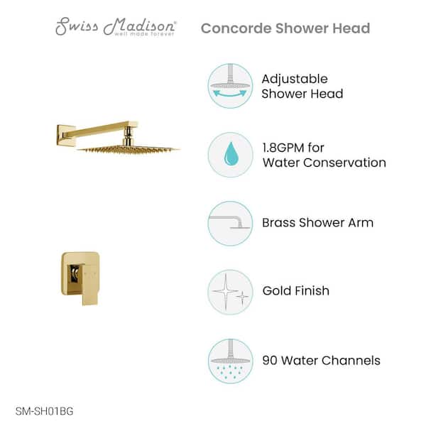 Concorde 1-Spray Patterns with 1.8 GPM Showerhead Face Diameter 8 in. Wall Mounted Fixed Shower Head in Brushed Gold