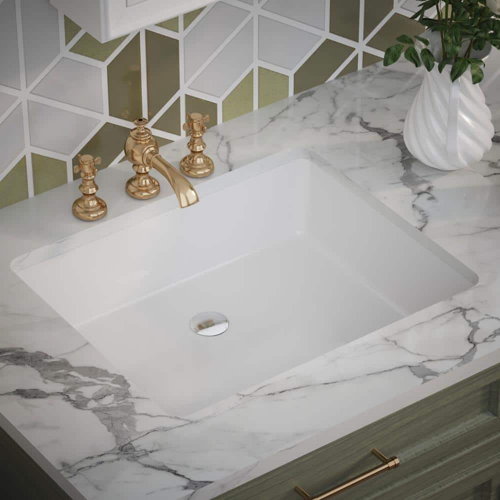 White Ceramic Rectangular Undermount Bathroom Sink with Overflow