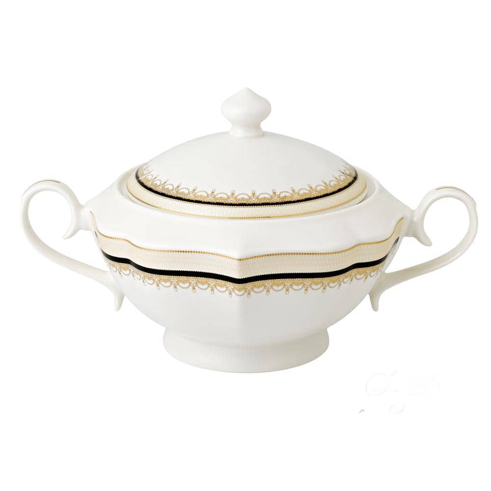 Lorren Home Trends Dalilah Series 12 in. x 8.5 in. x 7 in. 4 Qt. 128 fl. oz. Gold Bone China Soup Tureen Serving Bowl with Lid (Set of 2) -  S-26