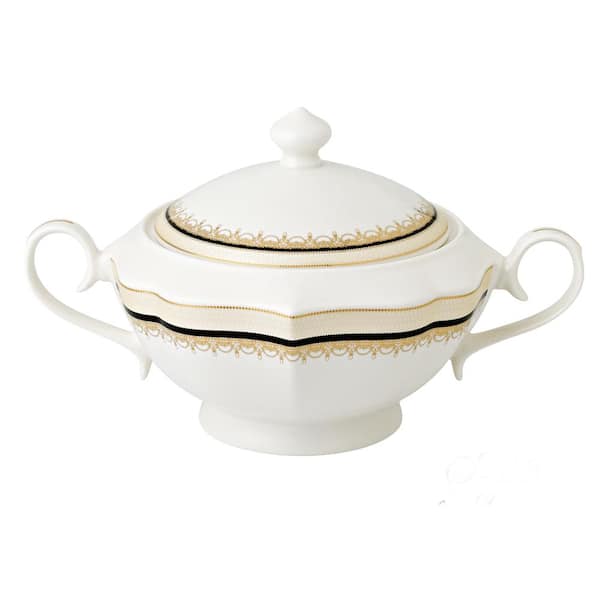 Lorren Home Trends Dalilah Series 12 in. x 8.5 in. x 7 in. 4 Qt. 128 fl. oz. Gold Bone China Soup Tureen Serving Bowl with Lid (Set of 2)