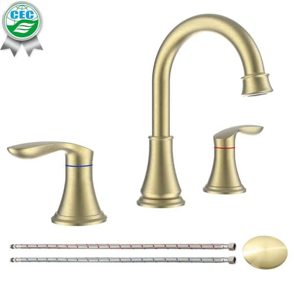 waterpar 8 in. Widespread Dual Handle Bathroom Faucet with Pop Up Drain and Supply Hoses in Brushed Gold