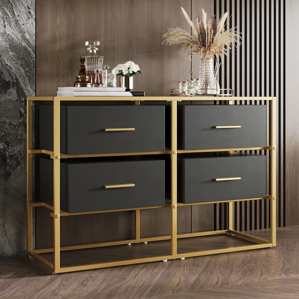 FUFU&GAGA Black Drawers with Gold Metal Frame 4-Drawer 39.4
