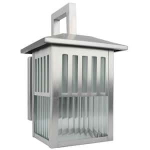 1-Light Outdoor Wall Lamp with Clear Ribbed Glass in Satin Nickel Finish Wall Lantern Sconce