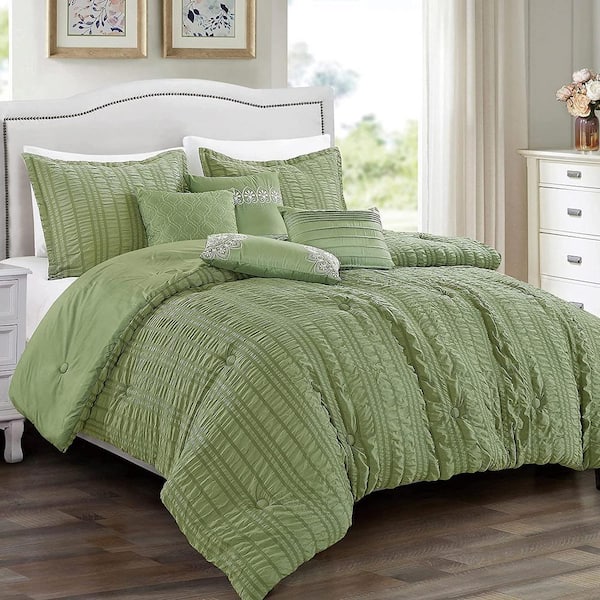 Shatex 7-Pieces Green Luxury Embroidery Microfiber Polyester Queen Comforter Set