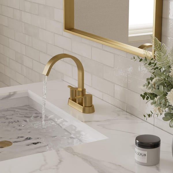 4 in. Waterfall Centerset 2 or 3 Hole Double Handle High Arc Bathroom Faucet 1.2 GPM in Brushed Gold Valve Included