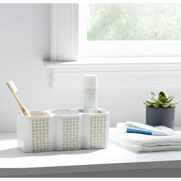 4 in. Ivory Ceramic Decorative Storage Organizer with Geometric Textured Design