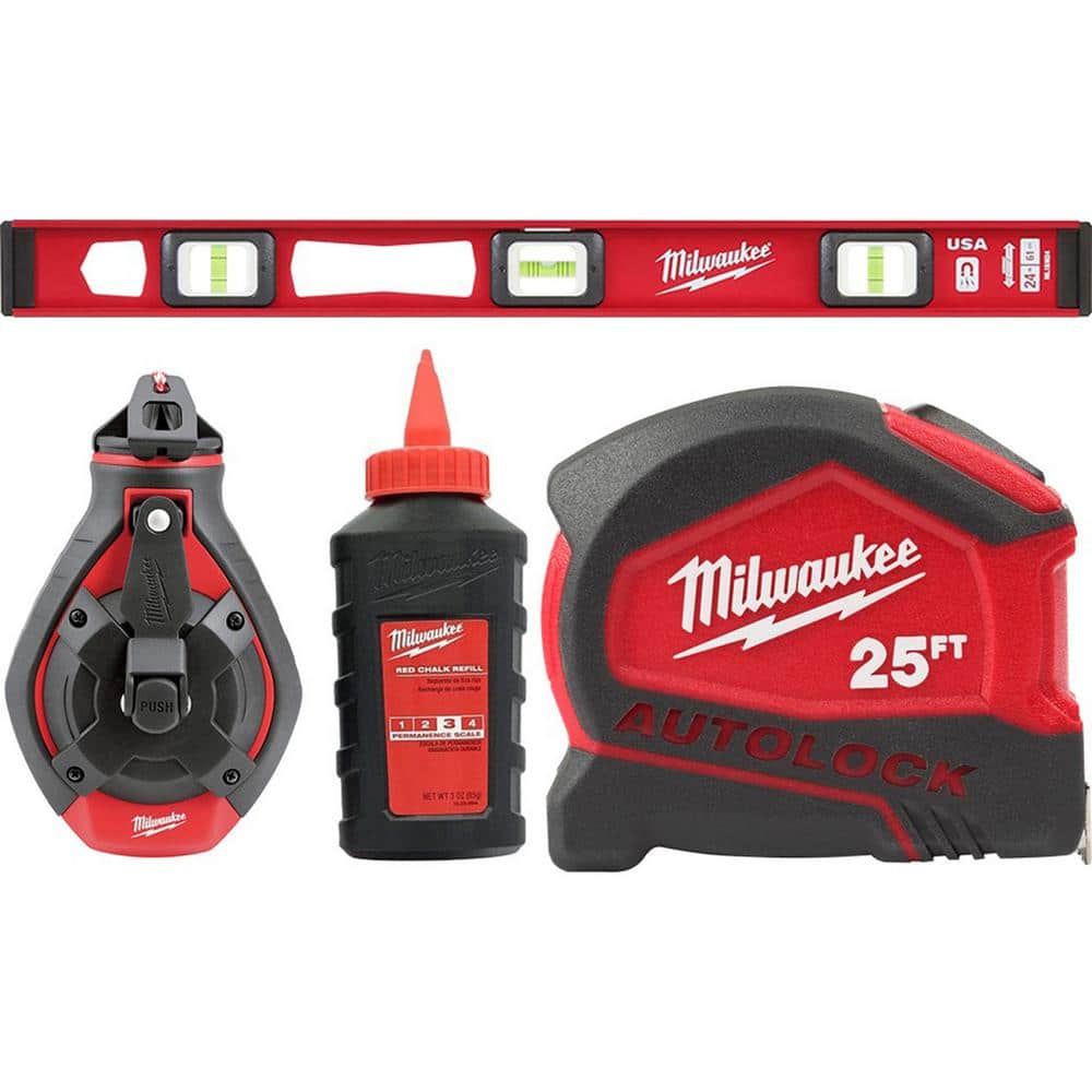 Milwaukee 24 in. Magnetic I-Beam Level and 100 ft. Bold Line Chalk Reel Kit  with Red Chalk  25 ft. Compact Auto Lock Tape Measure MLIBM24-48-22-3986-48-22-6825  The Home Depot