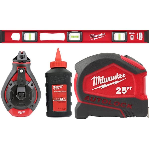 Milwaukee 24 in. Magnetic I-Beam Level and 100 ft. Bold Line Chalk Reel Kit with Red Chalk & 25 ft. Compact Auto Lock Tape Measure