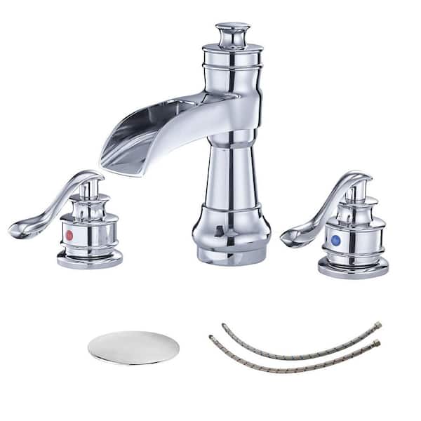 BWE 8 in. Waterfall Widespread 2-Handle Bathroom Faucet With Pop-up Drain Assembly in Spot Resist Polished Chrome