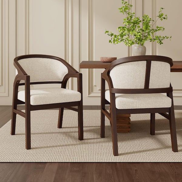 Walnut Solid Wood Frame Dining Chair with Beige Boucle Upholstered Back (Set of 2)