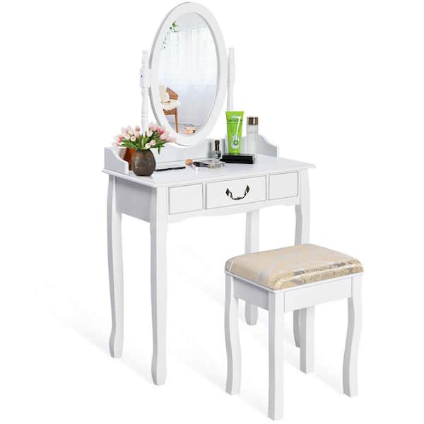 Costway White Vanity Table Jewelry Makeup Desk Bench Dresser with Cushioned Stool Drawer
