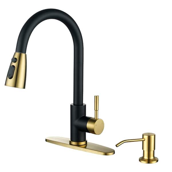 Single Handle Pull Down Sprayer Kitchen Faucet with 3-Function Sprayer and Soap Dispenser in Black and Gold