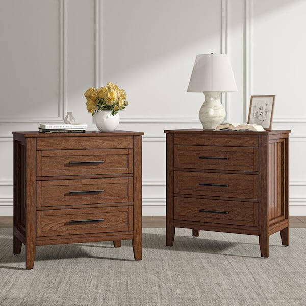 Teodoro Walnut 28 in. W Transitional 3-Drawer Nightstand with Built-in Power Outlet (Set of 2)