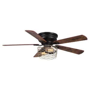 48 in. Distressed Iron Flush Mount Cage Matte Black Ceiling Fan with Light Kit and Remote Control