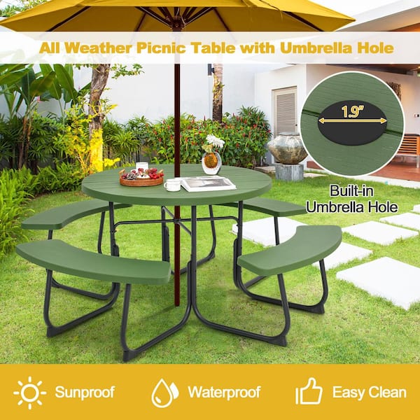 75 in. Green Round HDPE Picnic Table and Bench Set Seats 8 People with Umbrella Hole