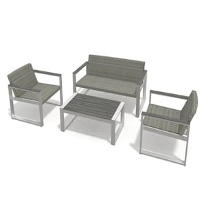 4-Piece Aluminum Patio Conversation Set with Cushion Guard Gray Cushion, Outdoor Rattan Modern Sofa Seating Group