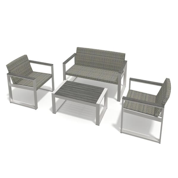Xzkai 4-Piece Aluminum Patio Conversation Set with Cushion Guard Gray Cushion, Outdoor Rattan Modern Sofa Seating Group