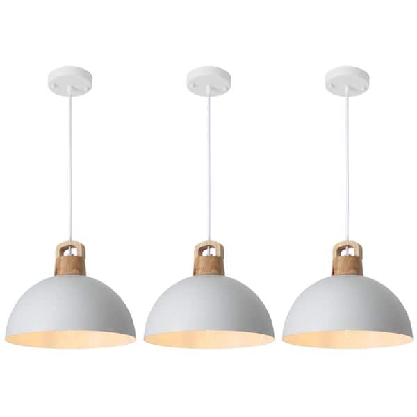 3-Light White Dome Pendant Light Hanging Ceiling Chandelier with Metal Cover for Kitchen Island