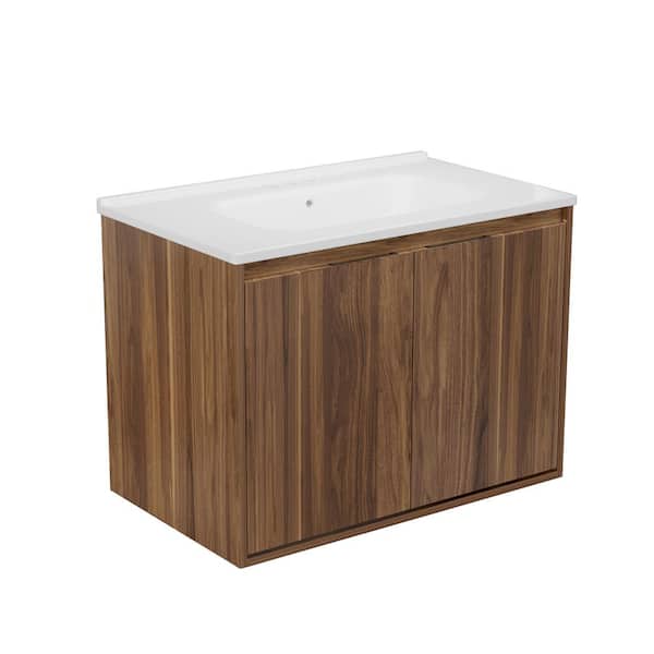 Simple Project 30 in. Modern Wall Hung Vanity in in Brown with White Ceramic Sink Top