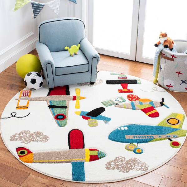 Carousel Kids Ivory/Blue 5 ft. x 5 ft. Geometric Round Area Rug